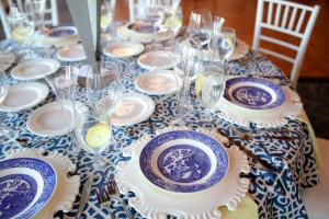 close up of plates and glasses on table